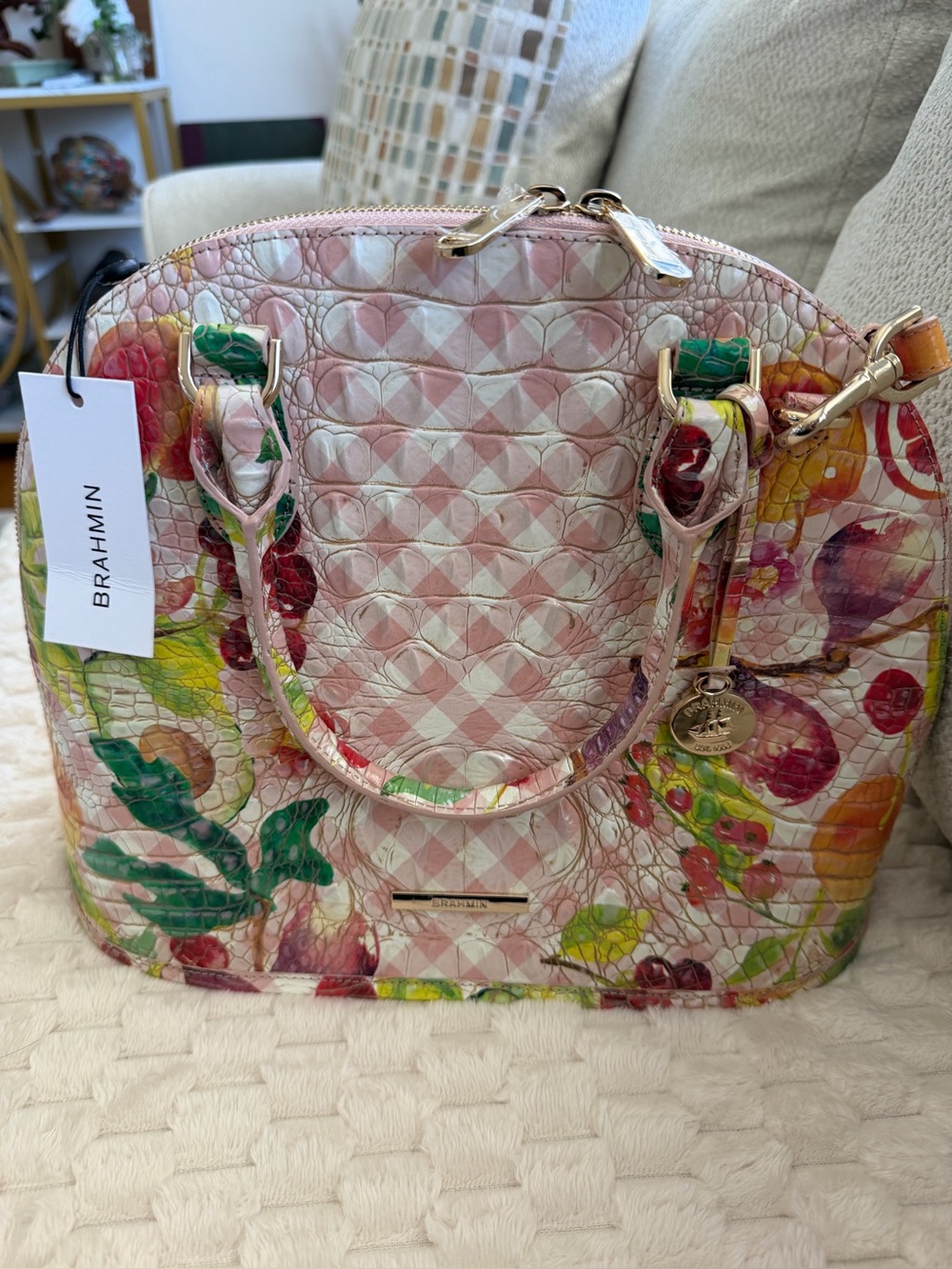 Brahmin Pink Floral Gingham Satchel